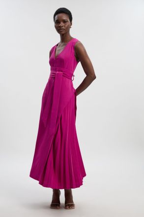 Karen Millen Womens Soft Tailored Side Pleated Midi Dress - Fuchsia - Size 6 UK
