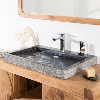 Wanda Collection Lavabo sobre encimera grande 70 cm rect&aacute;ngulo de piedra m&aacute;rmol negro