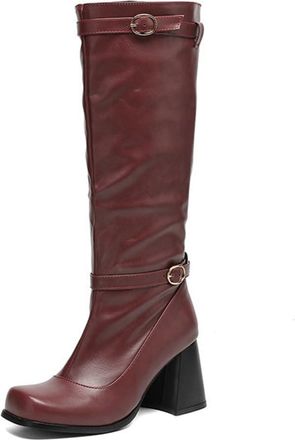 Generic Womens Knee High Boots with Buckle Strap Square Toe Chunky High Heel Pull On Wide Calf Pleated Fashion Winter Shoes (7.5,Red)