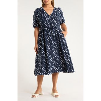 Caslon Heart Print Puff Sleeve Midi Dress in Navy- White Floating Hearts at Nordstrom Rack, Size 2X