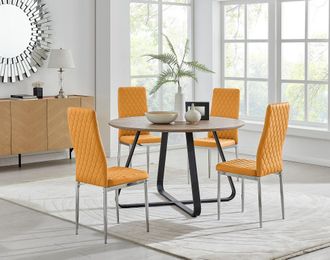 Furniturebox Santorini Brown Wood Contemporary Round Dining Table & 4 Milan Chairs Set in Mustard