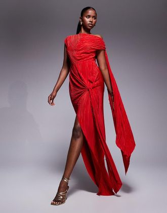 Asos Vestito lungo premium pliss&eacute; con spacco alto e dettagli annodati-Rosso