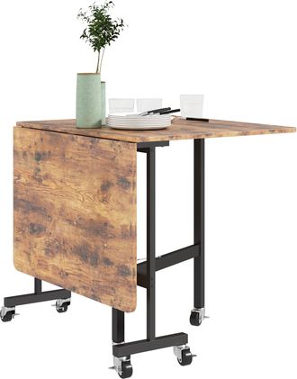 HOMCOM Mobile Drop Leaf Table - Folding Kitchen Table with 6 Wheels - Rustic Brown | TJ Hughes Grey