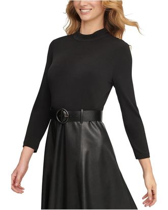 Calvin Klein Dress Black Matte Jersey PU Leather Belted A-Line DDR2505