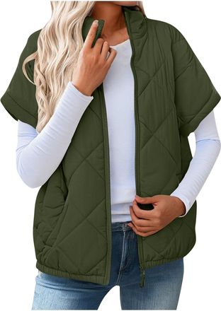 Generic Womens Quilted Gilet Outerwear Puffer Vest Short Sleeve Zip Up Lightweight Jacket Elegant Stand Collar Quilted Jackets Warm Winter Casual Coat Warmer 