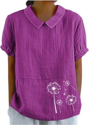 Generic Linen Shirts for Women UK Summer Lightweight Short Sleeve Tshirts Cute Collared Tops Boho Casual Blouses