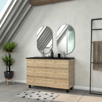 Aurlane Mueble de baño 120cm con 6 cajones aspecto Roble Natural + lavabo negro y espejos ovalados
