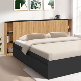 IDMarket Cabecero extensible catba con mesillas correderas para camas de 140 y 160 cm en acabado madera y negro