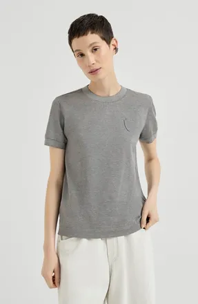 Brunello Cucinelli Stretch cotton piqu&eacute; t-shirt with sparkling cotton knit inserts and logo in Dark Grey at Nordstrom, Size Xxx-Large