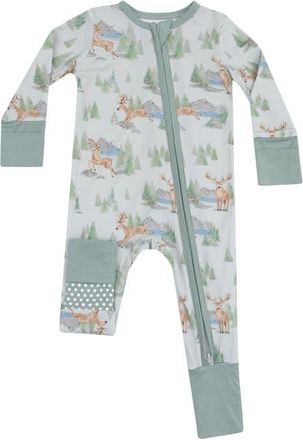 Angel Dear Buck Deer Two-Way Zip Long Sleeve Convertible Romper in Light Green/Dark Green at Nordstrom, Size 12-18M