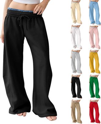Generic Womens Tracksuit Bottoms Wide Leg Black Joggers Straight Leg Sweatpants Solid Color Casual Jogging Pants Sports Trousers for Yoga Baggy Fitness Gym Lo