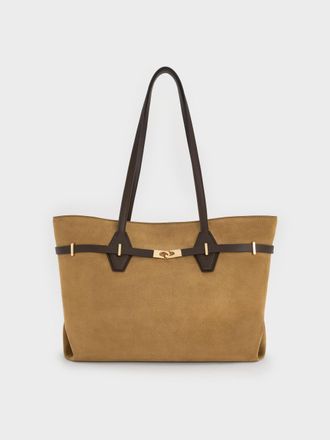 Charles & Keith Arlet Recycled Suede Double-Handle Belted Tote Bag