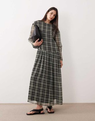 Asos Vestito grembiule lungo in chiffon verde a quadri con vita scesa-Multicolore