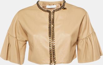 Elisabetta Franchi Beige Leather Chain Detail Bolero Jacket
