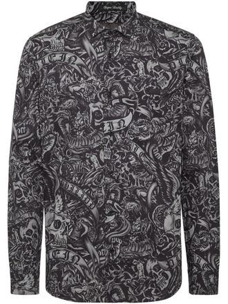 Philipp Plein tattoo-print long-sleeve shirt - men - Cotton/Elastane - L - Black