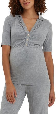 Nom Maternity Calista Maternity & Nursing Ribbed Polo Top in Heather Gray at Nordstrom, Size X-Small