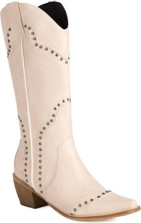 Generic Womens Square Toe PU Leather Long Boots Chunky Heel Western Cowboy Boot with Rivet Pull on Knee High Boot,Beige,6.5 UK