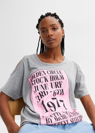 Bonprix T-Shirt BONPRIX, Damen, Gr. 48/50 (XL), grau (grau bedruckt), Obermaterial: 50% Baumwolle, 50% Polyester, loose fit, Shirts T-Shirt, lockere Passform,