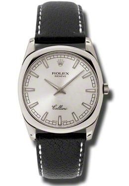 Rolex Cellini Danaos Silver Dial 18kt White Gold Black Leather Mens Watch 4243.9
