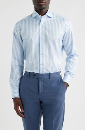 Eterna Modern Fit Stripe Non-Iron Cotton Twill Dress Shirt in Light Blue at Nordstrom, Size 15.5L
