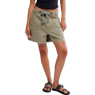 Free People Moxie Mid Rise Belted Drawstring Cutoff Denim Shorts in Fern at Nordstrom, Size 31