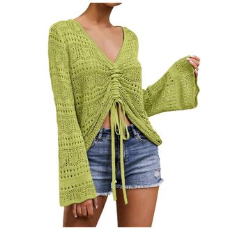 Generic 2025 Women Crochet Top Beach Cloth Drawstring Shirt Cover Up Beachwear Lace Up Shirt Cover for Formal Dress Girls (Green, XL)