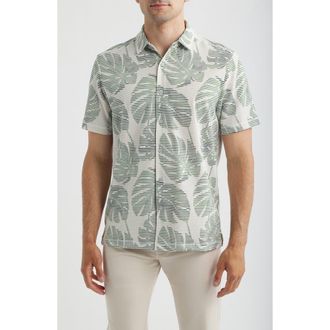 Tommy Bahama Costa Wave Monstera Mash Seersucker Stripe IslandZone Short Sleeve Button-Up Shirt in Dark Jade at Nordstrom, Size Xx-Large