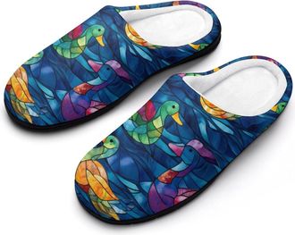 Generic Colorful Glass Ducks Swimming Slippers Men Winter Warm Cotton Anti-Slip Indoor Slip-Ons House Shoes