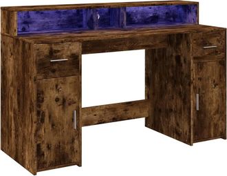 Berkfield Home Soft Desk with LED Lights Smoked Oak 140x55x91 cm Engineered Wood in Brown | Size: 140 x 55 x 91 cm