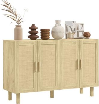 HOMCOM Homcom - Aparador 4 Puertas De Rejilla De Rat&aacute;n Aparador Para Sal&oacute;n Bohemio Con Estantes Ajustables Para Comedor Dormitorio Natural 120x39,5x76 Cm