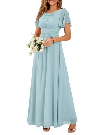 Ever-pretty Womens Maxi Bridesmaid Dress with Ruffles Sleeve Pleated Elegant Chiffon Evening Dresses Sky Blue 14