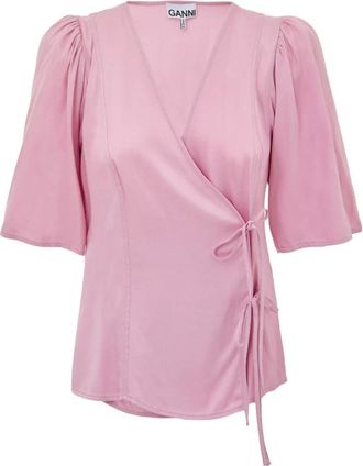 Ganni Overhemden, Dames, Roze, S, Satijn, Satijnen Top met Kruissluiting