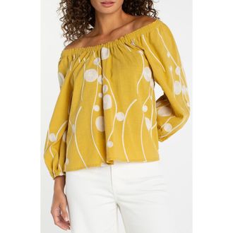 Liverpool Embroidered Off the Shoulder Woven Cotton Top in Yellow /Cream at Nordstrom, Size X-Large P