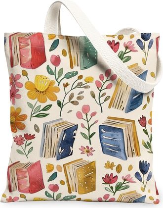 Generic Floral Books Canvas Tote Bag, Vintage Plant Pattern Reusable Grocery Bag, Lightweight Washable Shoulder Strap Canvas for Ev, Beige, 13x15 Inch