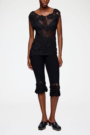 Ganni Black Knit Top in Cotton Crochet - Size XS Organic