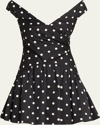 Self Portrait Polka-Dot Gathered Off-Shoulder Mini Dress