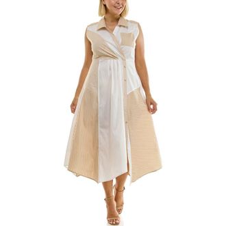 Nicole Miller Stripe Pleated Asymmetric Maxi Dress in Mocha White Stripe at Nordstrom Rack, Size 14