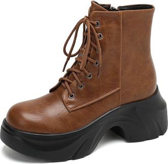 Generic Womens Edgy Leather Ankle Boots Round Toe Chunky Platform Heels Lace Up Side Zip Up Cushioned Insole Comfortable Non Slip Wear Resistant Daily Casual 