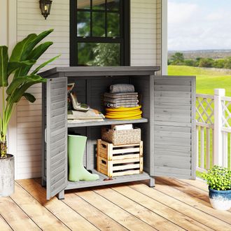 OUTSUNNY Garden Storage Shed Solid Fir Wood Garage Organisation w/ Doors in Grey