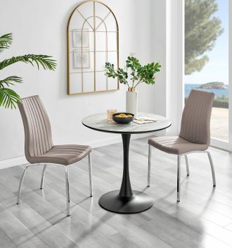 Furniturebox Elina White Marble Effect Scratch Resistant Dining Table & 2 Isco Faux Leather Chairs in Beige