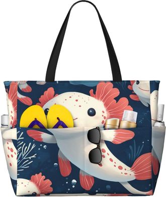 Generic Cute Axolotl Print Large Beach Bag Foldable Travel Shoulder Tote Bag With Pocket For Weekender Pool Vacation