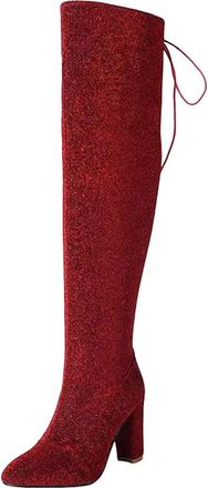 Generic Womens Sexy Over-The-Knee Boots Pointed Toe Super High Block Heel Slip On With Tied Detail For Party Dating