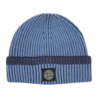 Stone Island Accessoires, Heren, Blauw, ONE Size, Wol, Geribbelde Beanie van Wolmix