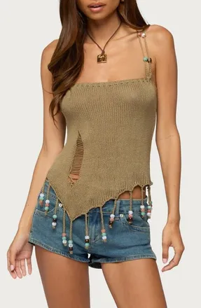 Edikted Fernie Bead Fringe Knit Tank Top in Olive at Nordstrom, Size X-Small