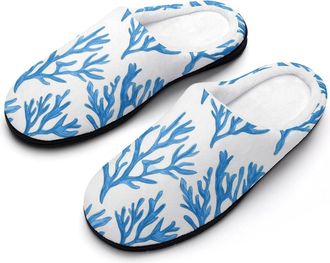 Generic Blue Coral Branch Mens Slippers Slip On Comfortable Fleece Cotton House Shoes Winter
