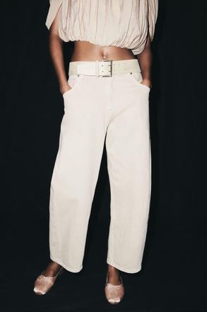 H&M High-waist Barrel-leg Ankle Jeans in Light Beige at Nordstrom, Size 10