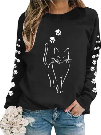 Generic Christmas Christmas Cat Sweatshirts Christmas Lights Shirt Crewneck Holiday Pullover Sweater Long Sleeve Pullover Blouse Crew Neck Oversized Christmas