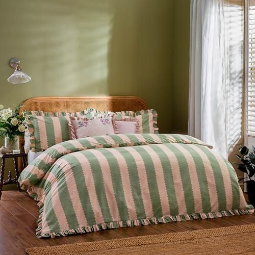 furn. Wylder Birdie Stripe Bettbezug Set - Wendbar Gerüscht Baumwollreich Gestreift Bettwäsche (Pink/Grün - 260x220cm) ab 62,00 €