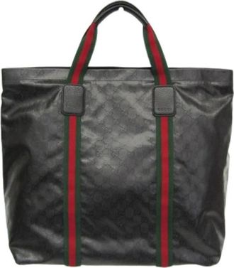 Gucci Pre-owned Grote tote bag met Web detail - unisex - Vintage Shopper - Zwart - ONE Size - Leer - Vintage