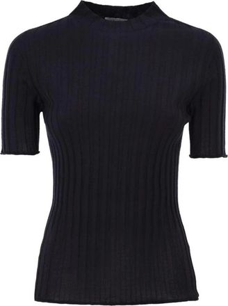 PESERICO Geribbelde Trui met Korte Mouwen en Mock Neck - Dames - Ronde hals truien - Blauw - XL - Truien & Vesten